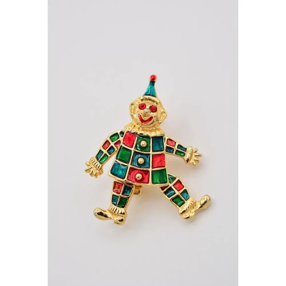 Vintage Clown Pin Brooch Red Green Enamel Dangle Arms Legs Gold Tone 1990s BinAT